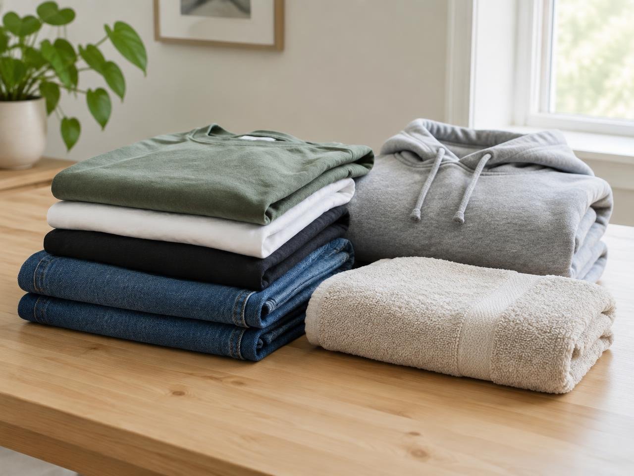 Neatly folded t-shirts, jeans, a hoodie and a towel on a wooden table